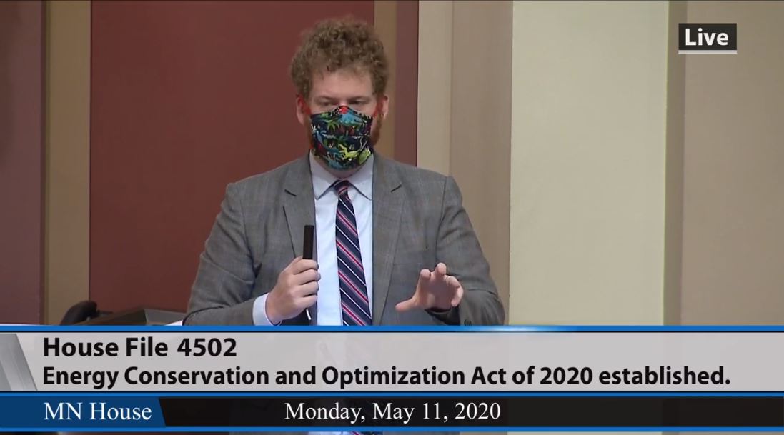 Rep. Zack Stephenson speaks on the House Floor during May 11 debate on HF4502, the "Energy Conservation and Optimization Act." Screencap via HTV1